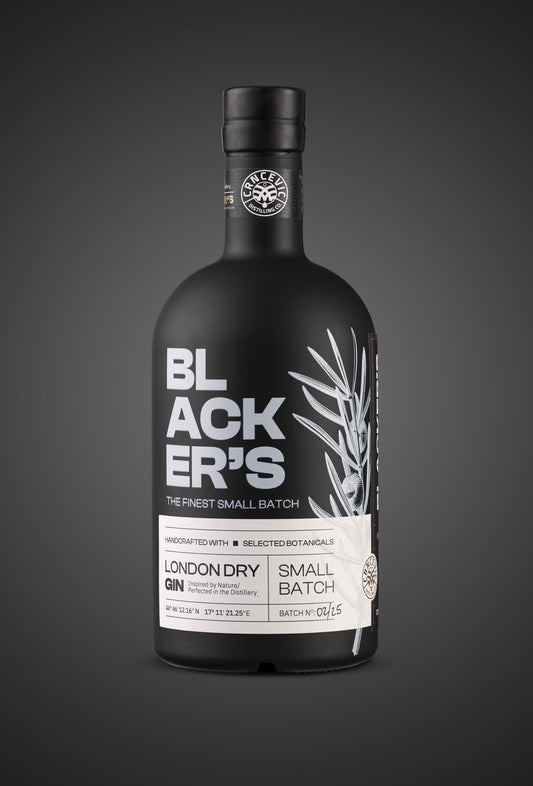 Blackers London Dry Gin bottle with sleek matte black design, featuring silver and white typography, botanical illustration, and a premium small batch label.